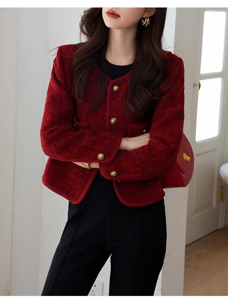 Beautiful Heavy Industry Burgundy Small Fragrance Coat Female Spring And Autumn French Temperament Joker Socialite Tweed Coat