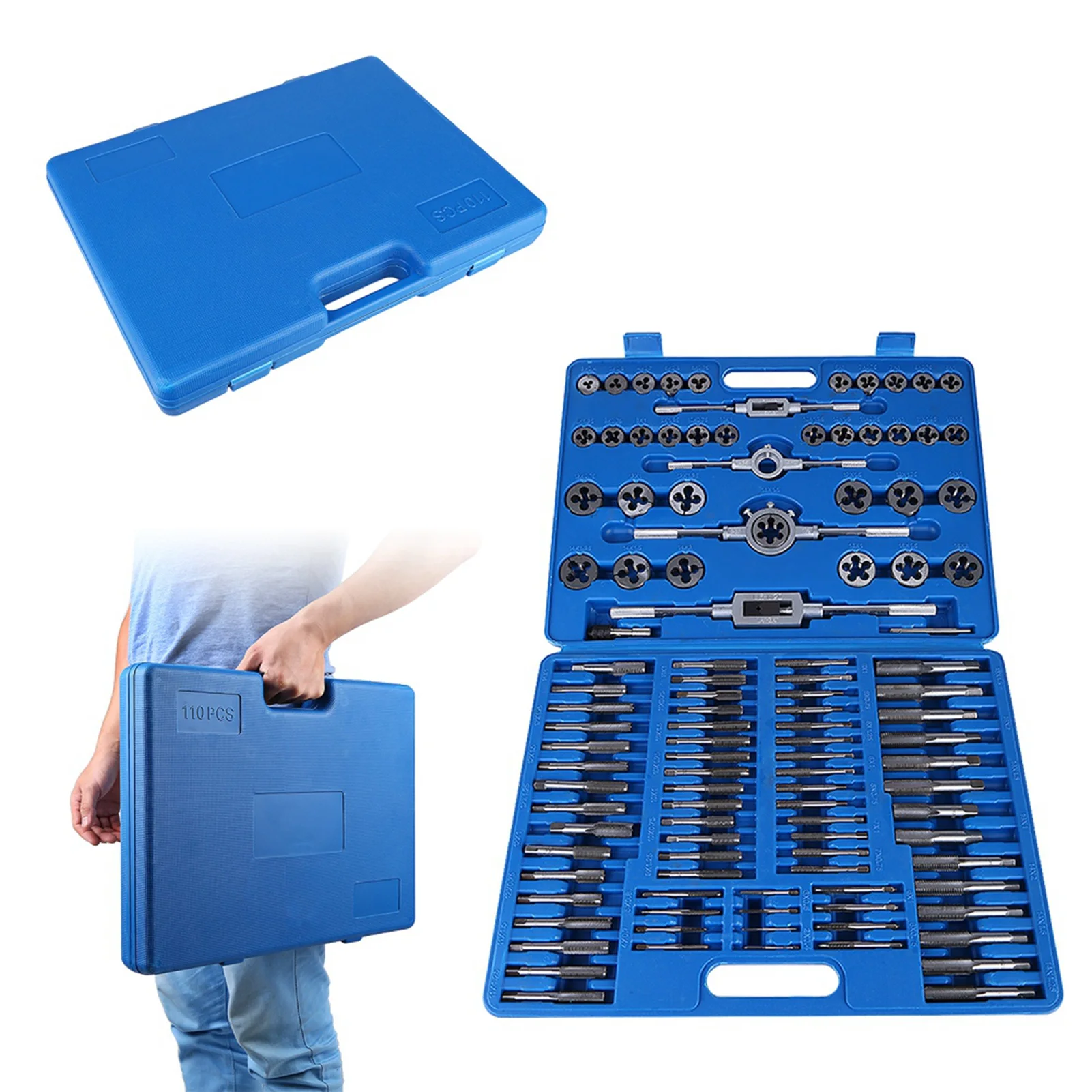 110pcs/set M2‑ Screw Nut Thread Taps Dies With Wrench Handle Heavy Duty Hand Tool Kit Thread Tap Tap Holder Tapping Tool