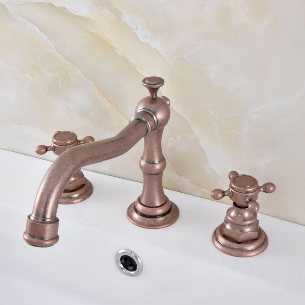 Immagine 7: Rubinetto miscelatore per lavabo a 3 fori, a montaggio su piano, con doppia maniglia, in rame anticato rosso Roma, modello msf630