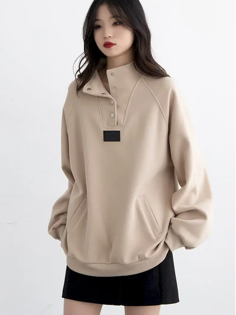 Stand Collar Half Open Pullovers Women Spring Autumn Trend College Style Pullover Coats Casual Loose Long Sleeve Oversized Coat