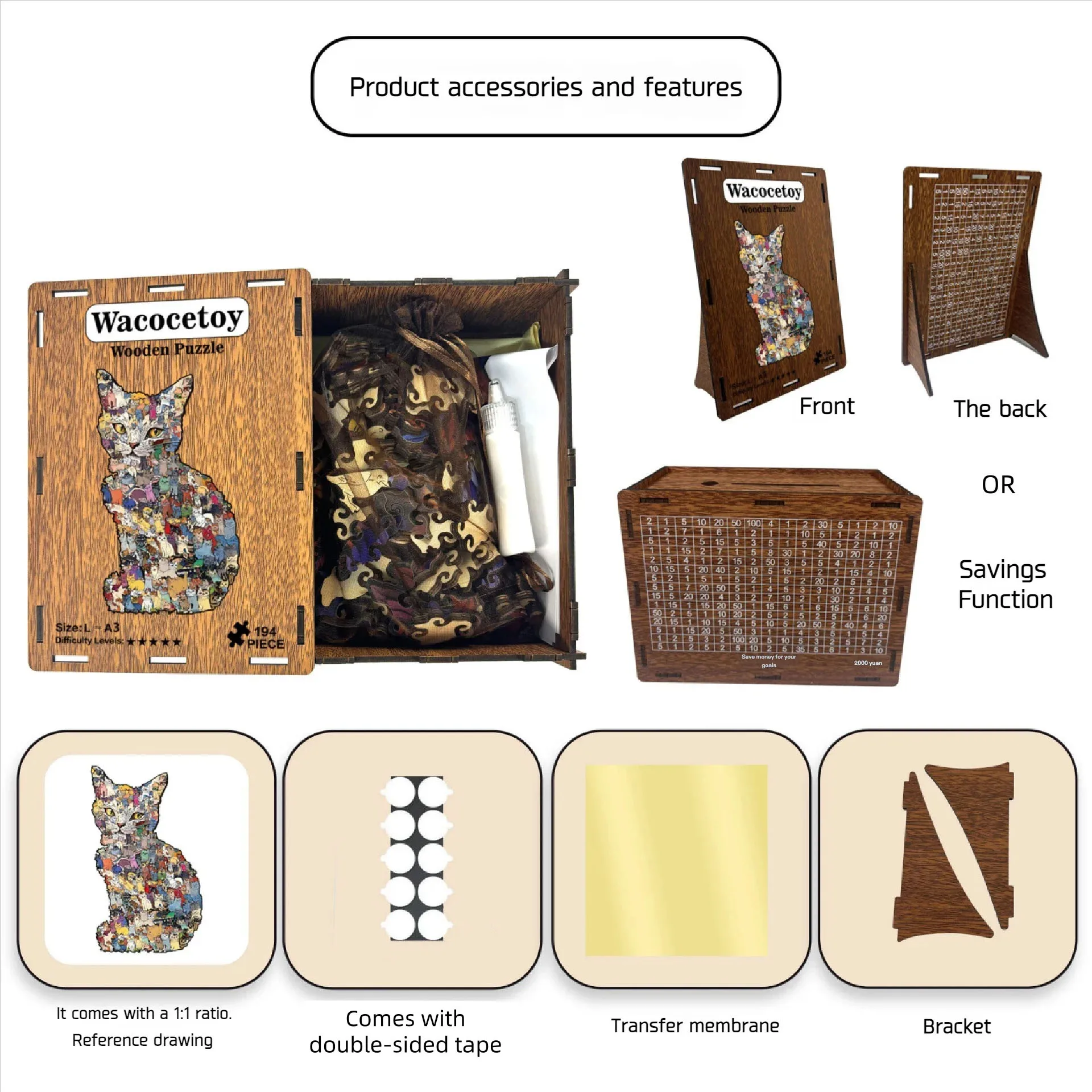 Wooden Jigsaw Puzzle Cat-shaped Irregular Puzzle Pieces Educational Game Birthday Xmas Gifts for Cat Lovers Money Box Home Decor