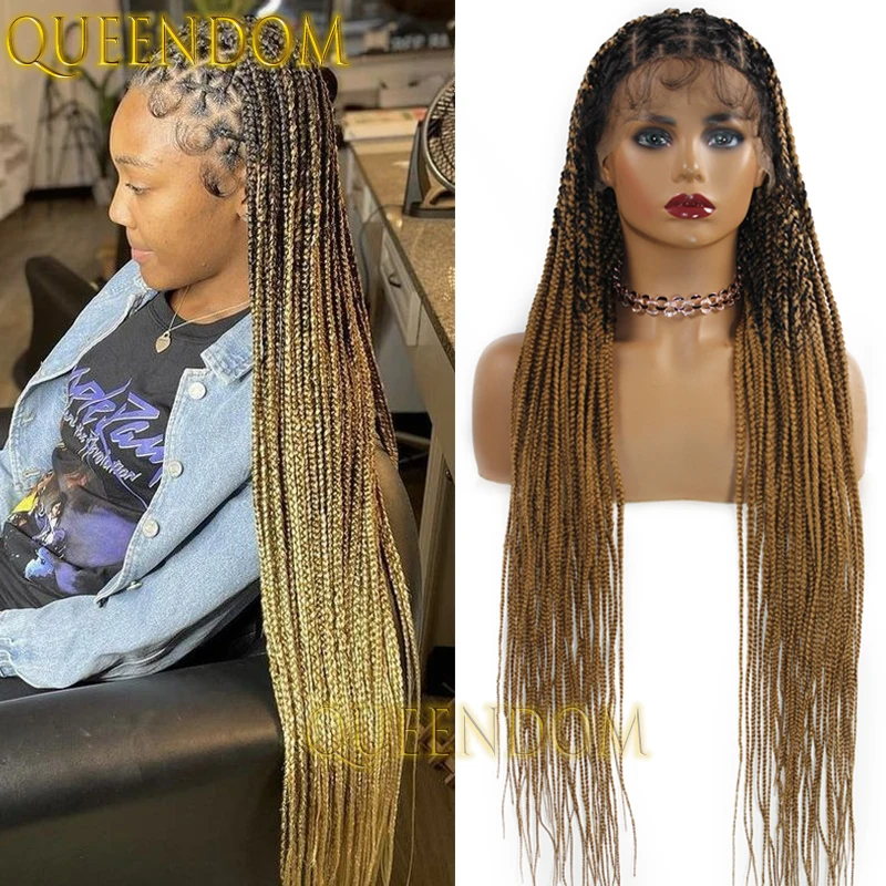 Peluca con trenzas cruzadas sintéticas, 36 pulgadas, Rubio degradado, trenzas Jumbo Cornrow, peluca trenzada, caja de encaje completo, peluca trenzada para mujeres negras