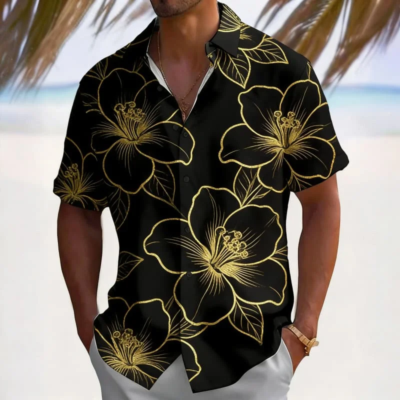 

Men's Luxury Black Gold Floral Print Short Sleeve Shirt, Elegant Botanical Graphic Button Down for Summer Vacation