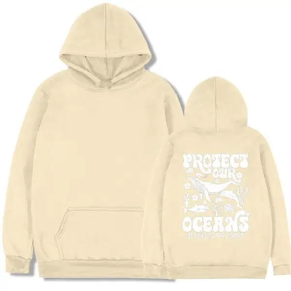 Jersey con capucha holgado y moderno, protegendo nuestro océano. Patrón de vida oceánica y eslogan de cuidar de la tierra. Casual tan