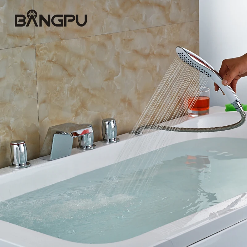 

Waterfall Tub Faucet Set with Sprayer Deck Mounted 5 Hole Bathtub Faucet Set Roman Bath Tub Faucet Combo with Hand Shower Chrome