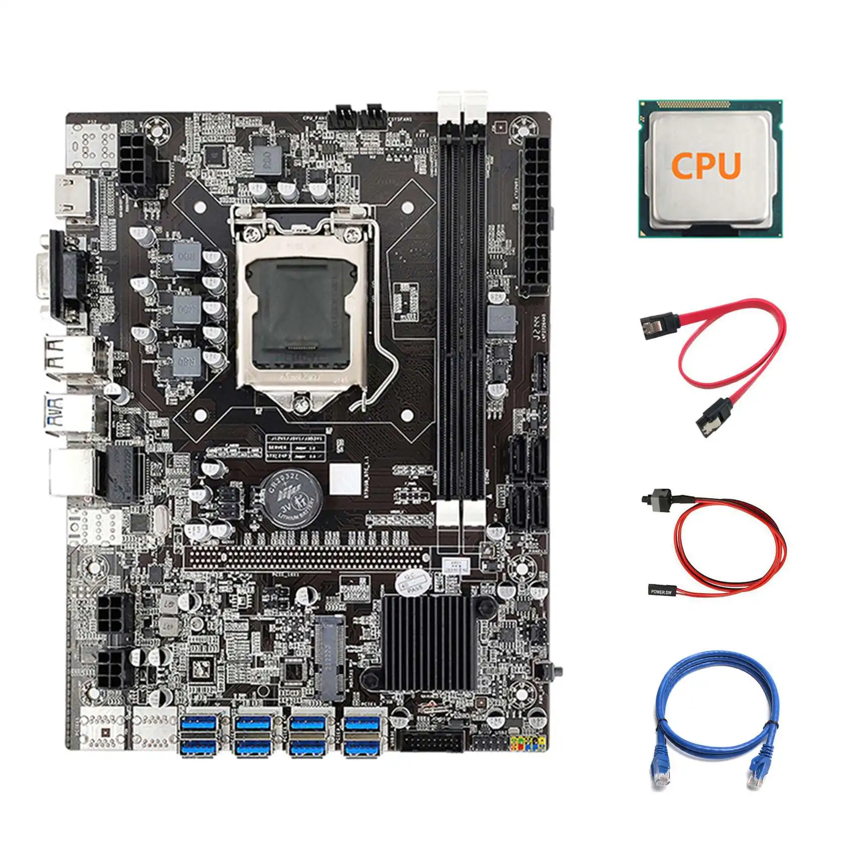 B75 ETH Mining Motherboard 8XPCIE USB Adapter+CPU+RJ45 Network Cable+SATA Cable+Switch Cable LGA1155 B75 Motherboard