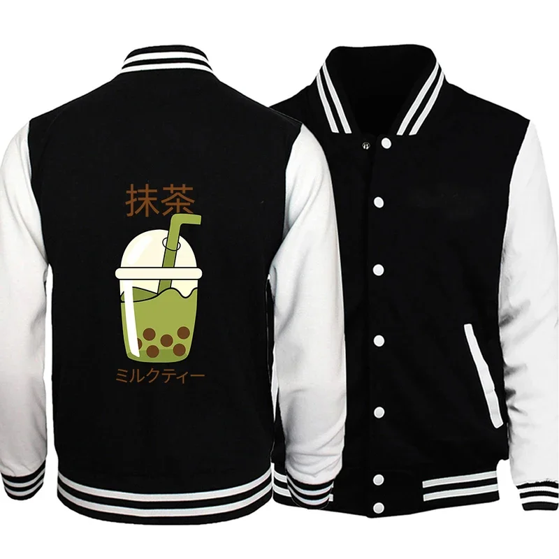 Chaquetas con estampado de bebidas y perlas con sabor a Matcha, moda coreana, prendas de vestir exteriores para hombre, abrigos con un solo pecho y bolsillos, ropa holgada Neutral