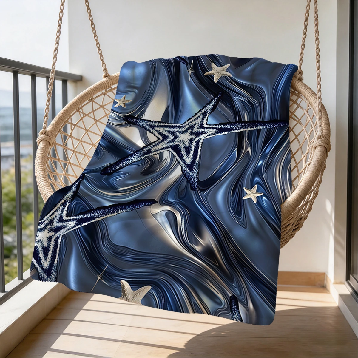 Blue Metallic Starfish Flannel Blanket Warm Soft Halloween Christmas Couch Warm Cozy Decorative Decor Gift for All Season