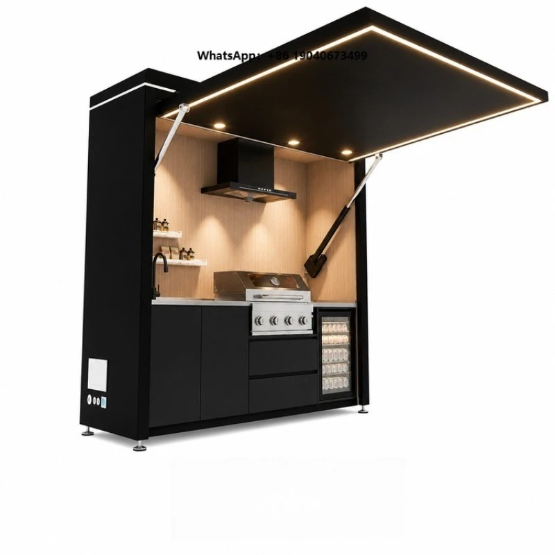 Pro Outdoor Kitchen Motorized Flip Top Canopy  Range Hood Glass-Door Beverage Fridge 4 Burner Gas Charcoal Grill XH