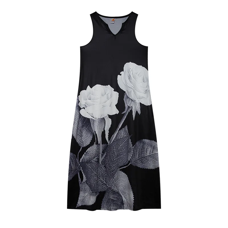 Women Summer Sleeveless V-Neck Dress Elegant Vintage Print Long Dress Beach Party Casual Tank Women Maxi Dress Large Size Robe