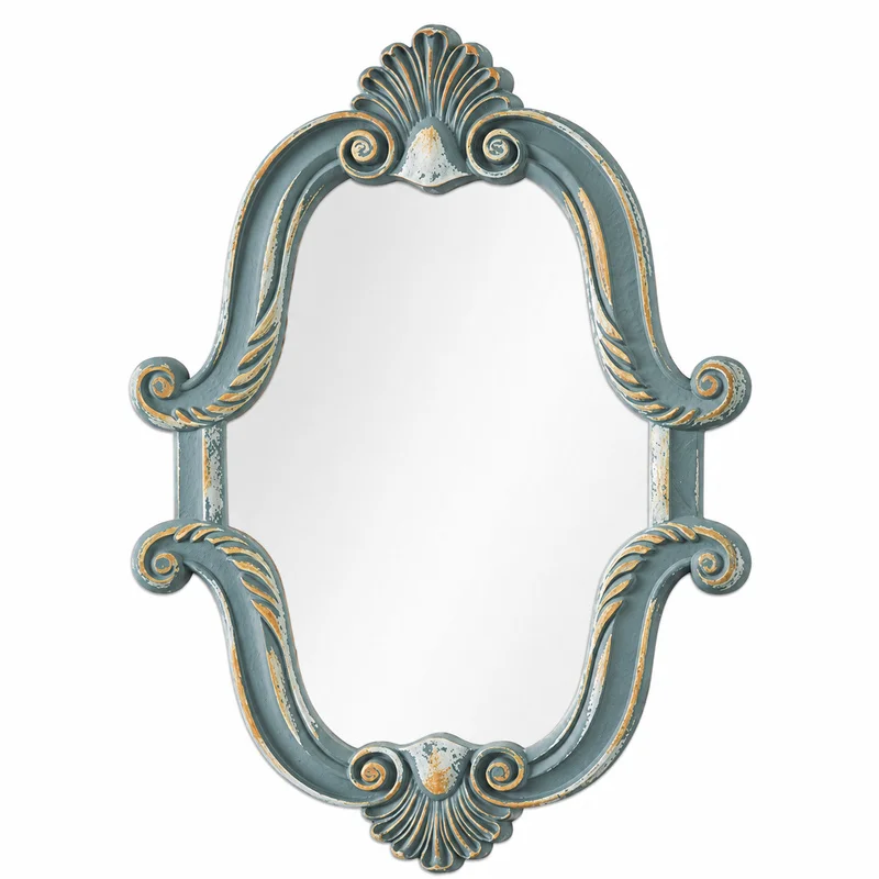 French Vintage Blue Wall Mirror Ornate Carved MDF Frame Distressed Vanity Mirror for Entryway Living Dining Room Home Decoration