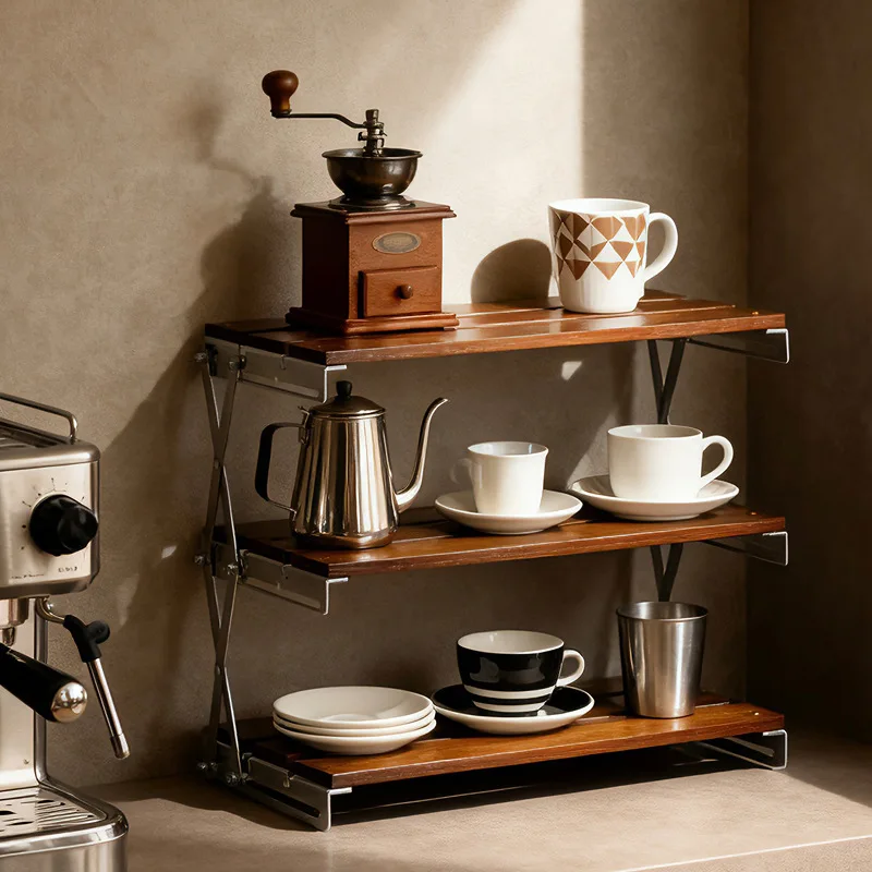 Foldable Wood Desktop Storage Rack No Assembly Required 2/3 Tier Countertop Organizer Shelf for Coffee Bar Cup Holder Kitchen