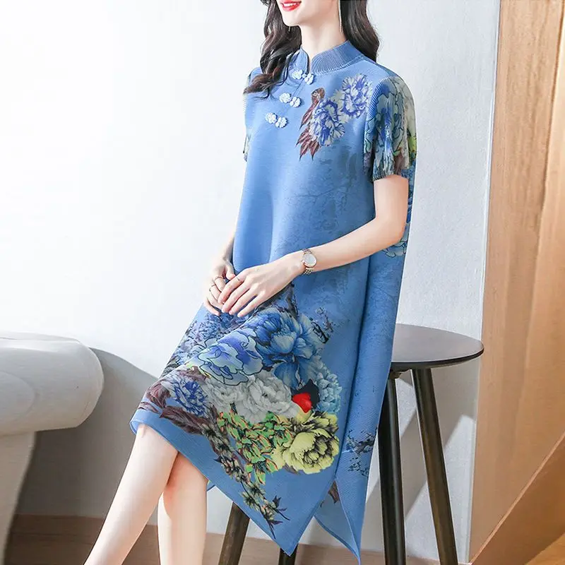 

2026 retro cheongsam pleated dress summer new short-sleeved medium and long printed age-reducing loose A-shaped skirt women