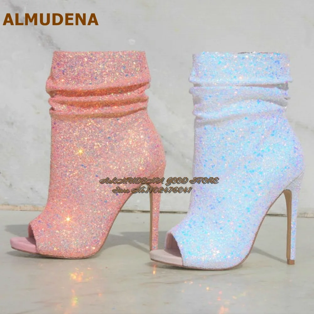 

ALMUDENA Pink White Purple Glitter Ankle Boots Shiny Sequined Stiletto Heel Open Toe Booties Folded Slouchy Dress Shoes