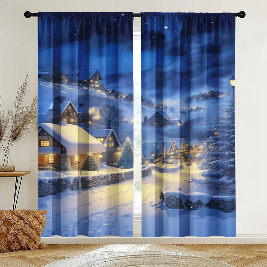 2PCS Christmas Winter Curtains, Blue Village Light, Digital Print, Bedroom Living Room, Rod Pocket, Polyester, Home Decor