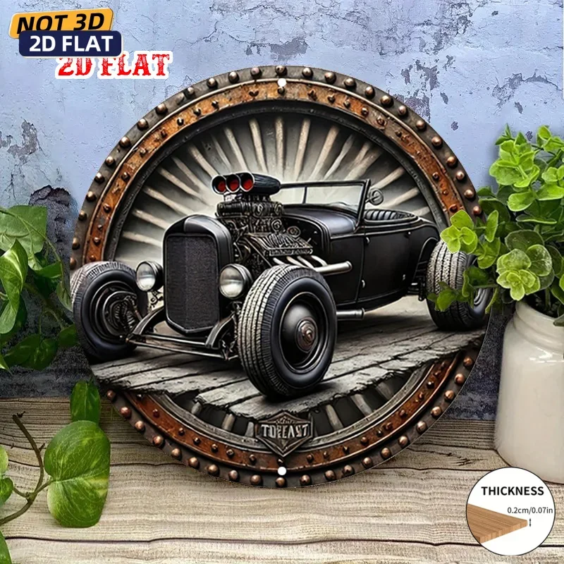 2D flat, 1 retro 1920s hot rod car wooden badge - circular black gold racing car, V8 engine design and tires