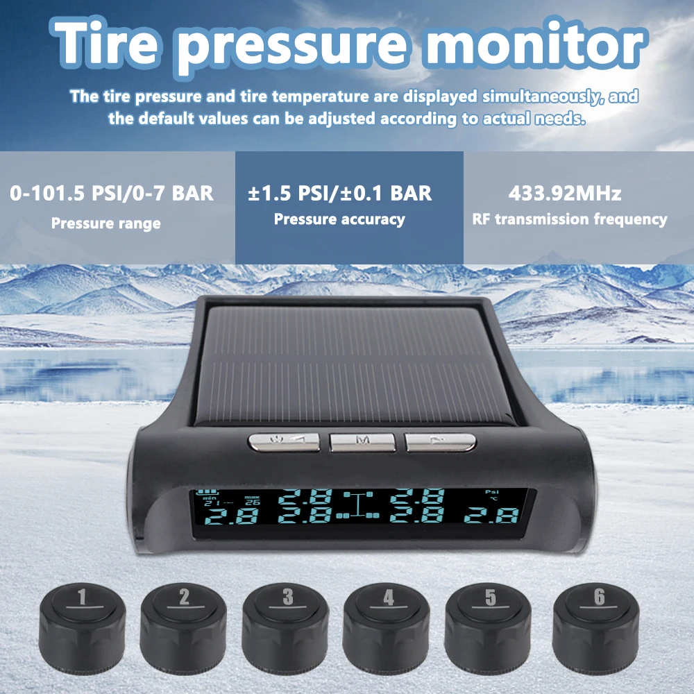 0-101Psi/7Bar Solar Powered 6 Sensors TMPS Autotruck Tire Pressure Monitoring System For Truck Bus Car Tyre Tester Alarm Digital