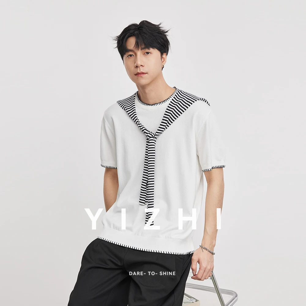 Summer Men's Detachable Striped Shawl Knit Short Sleeve Tee 14 Needle Crew Neck Loose Casual Preppy