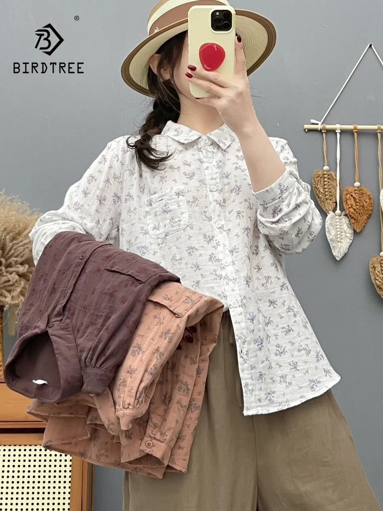 

New 2026 Spring Women Cotton Yarn Long Sleeve Shirt, Turn-down Collar Printed, Mori Girl Comfortable Thin Loose Blouse T63021CC