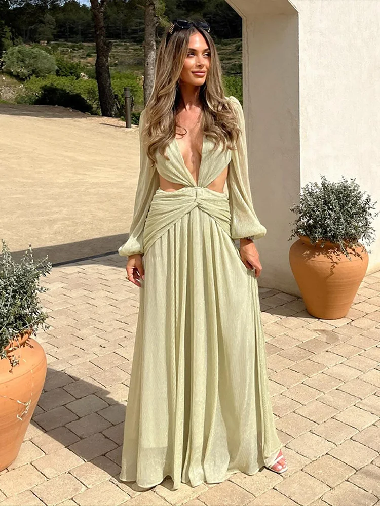 

Fashion Solid Long Dress For Women V-neck Full Sleeve Hollow Out Backless Draped Robe 2025 Summer Elegant Female Party Dresses
