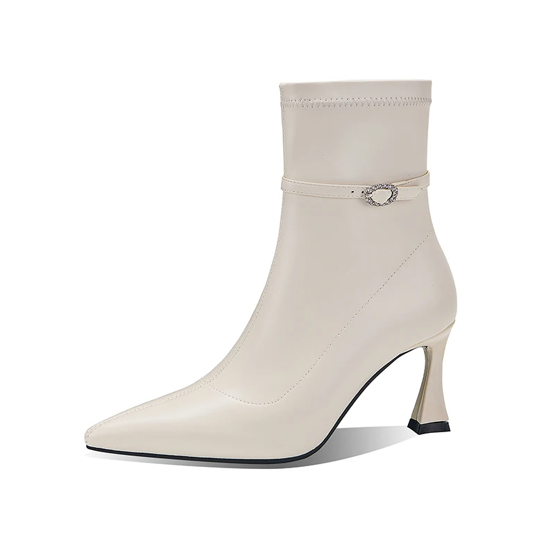 أنيقة حذاء من الجلد للنساء جديد 2025 شتاء الخريف أسود أبيض قصير التمهيد رقيقة الكعوب أحذية الحفلات سيدة