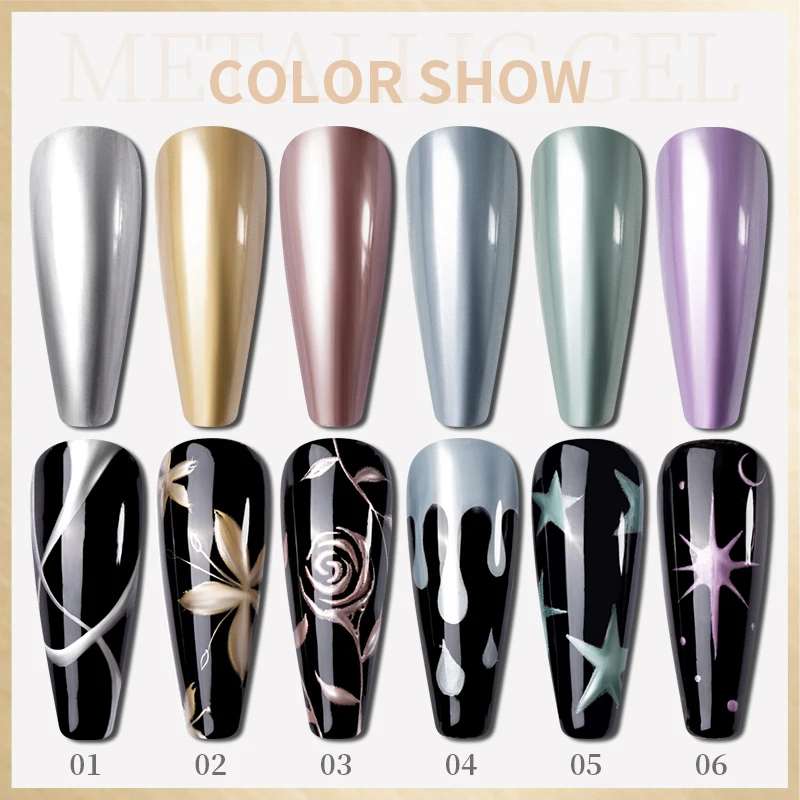 BOZLIN 6 Colors Metallic Painting Gel Rose Gold Silver Mirror Effect For Nail Art Soak Off UV LED Glitter Color Gel Polish