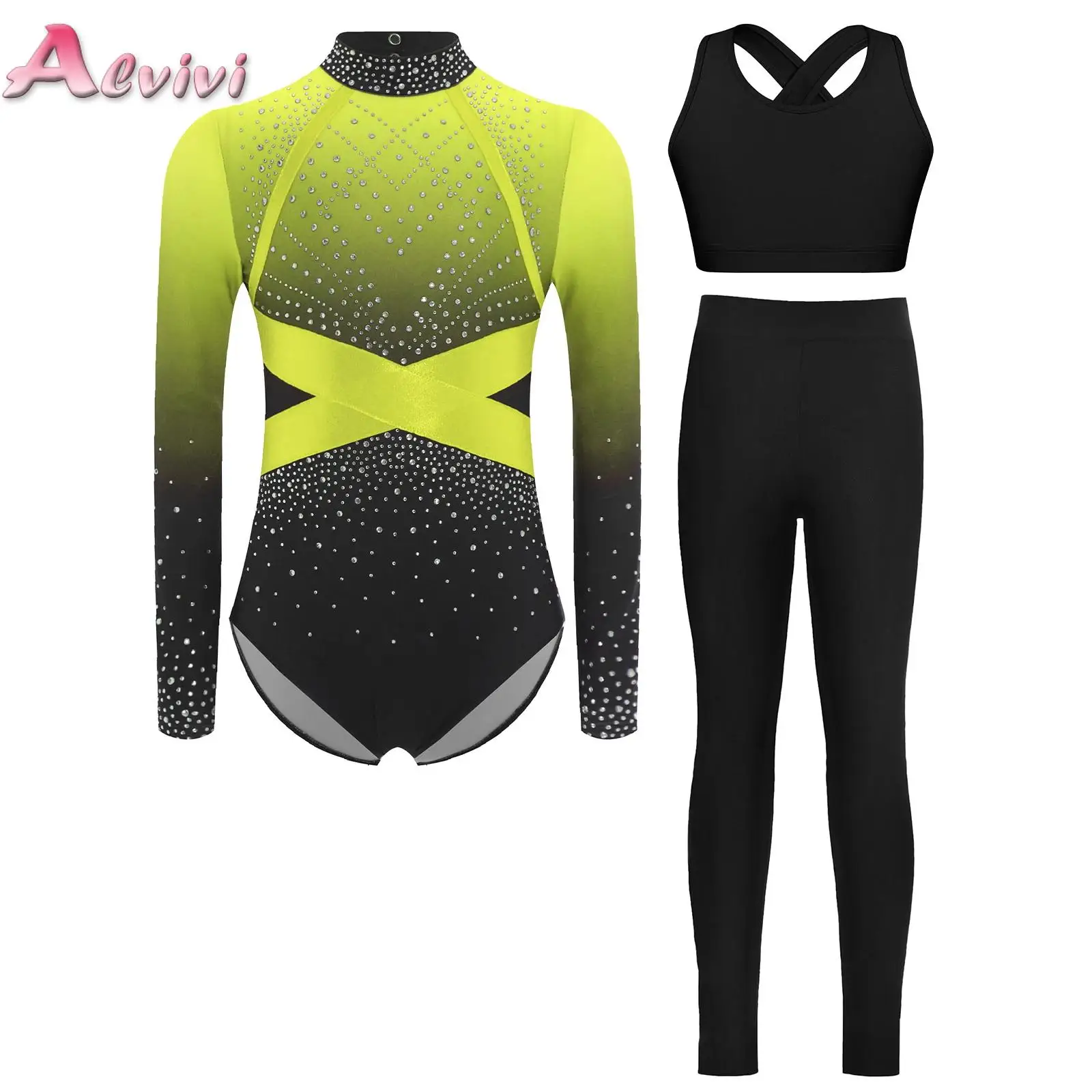 

3Pcs/Set Kids Girls Gymnastics Figure Skating Dance Outfit Long Sleeve Shiny Rhinestone Leotard with Cutout Vest And Leggings