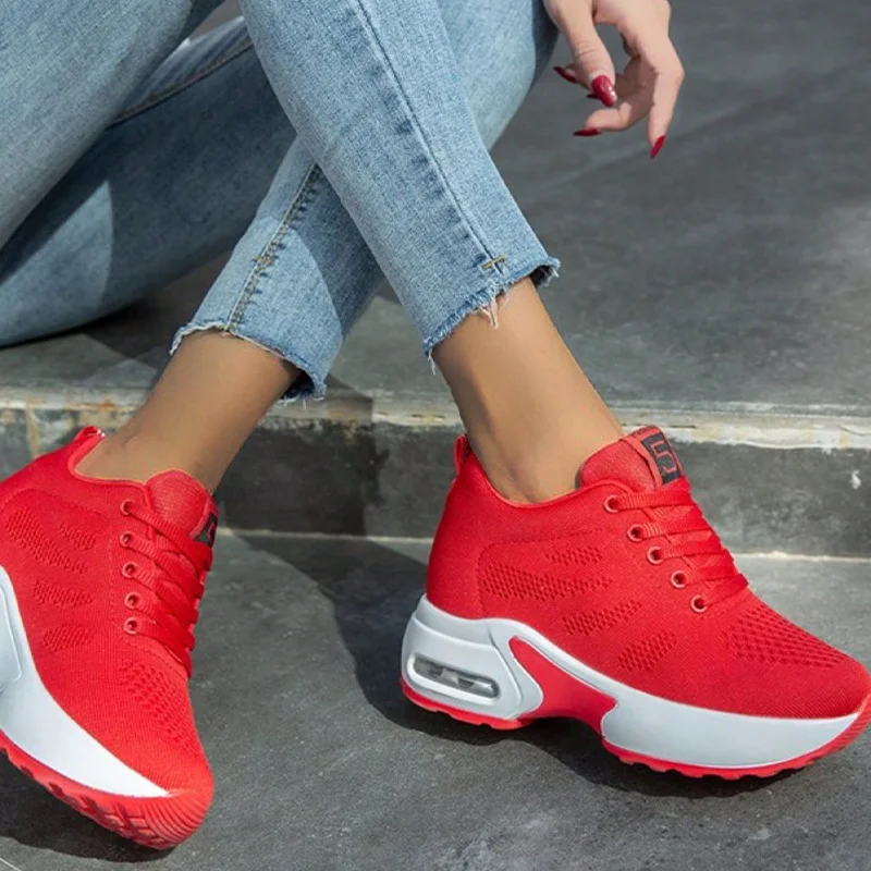 2024 Women Sport Shoes Air Cushion Sneakers Air Mesh Runing Trainning Red Shoes Non Slip Lace Up Shoes