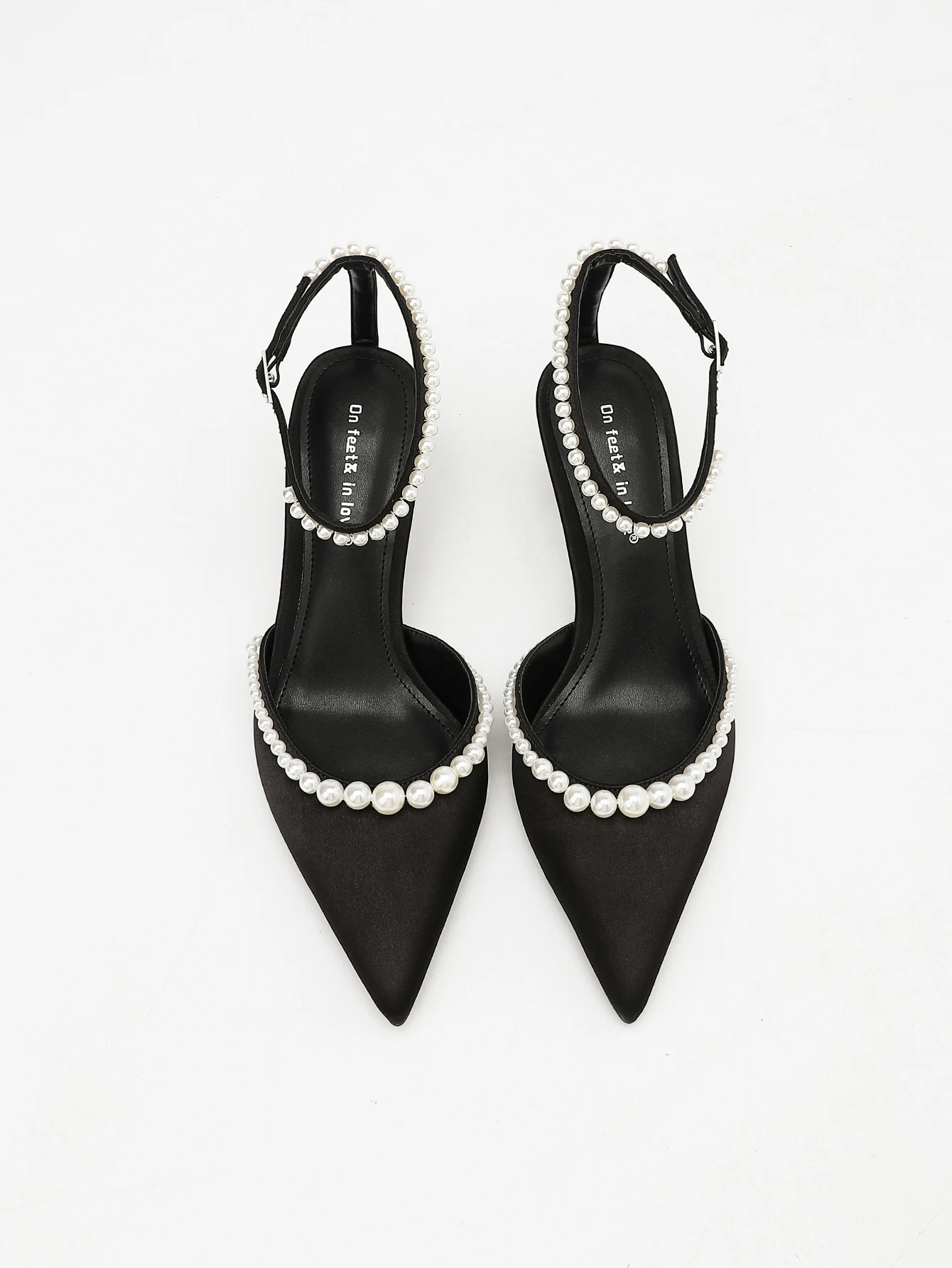 WOMEN BLACK SATIN PEARL ANKLE STRAP KITTEN HEEL SANDALS POINTED TOE SLINGBACK PUMPS BRIDAL WEDDING EVENING PARTY SHOES view 3
