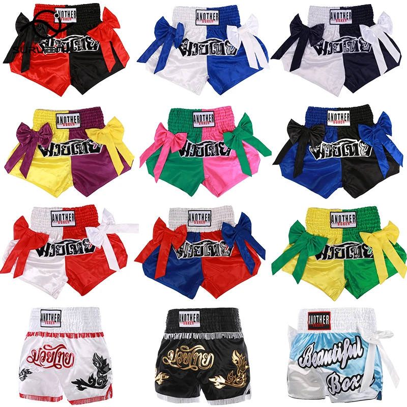 Muay Thai Shorts With Bow Satin Kickboxing Fight Shorts Boxing Cage Training Shorts Women Kids Combat MMA Martial Arts Clothing