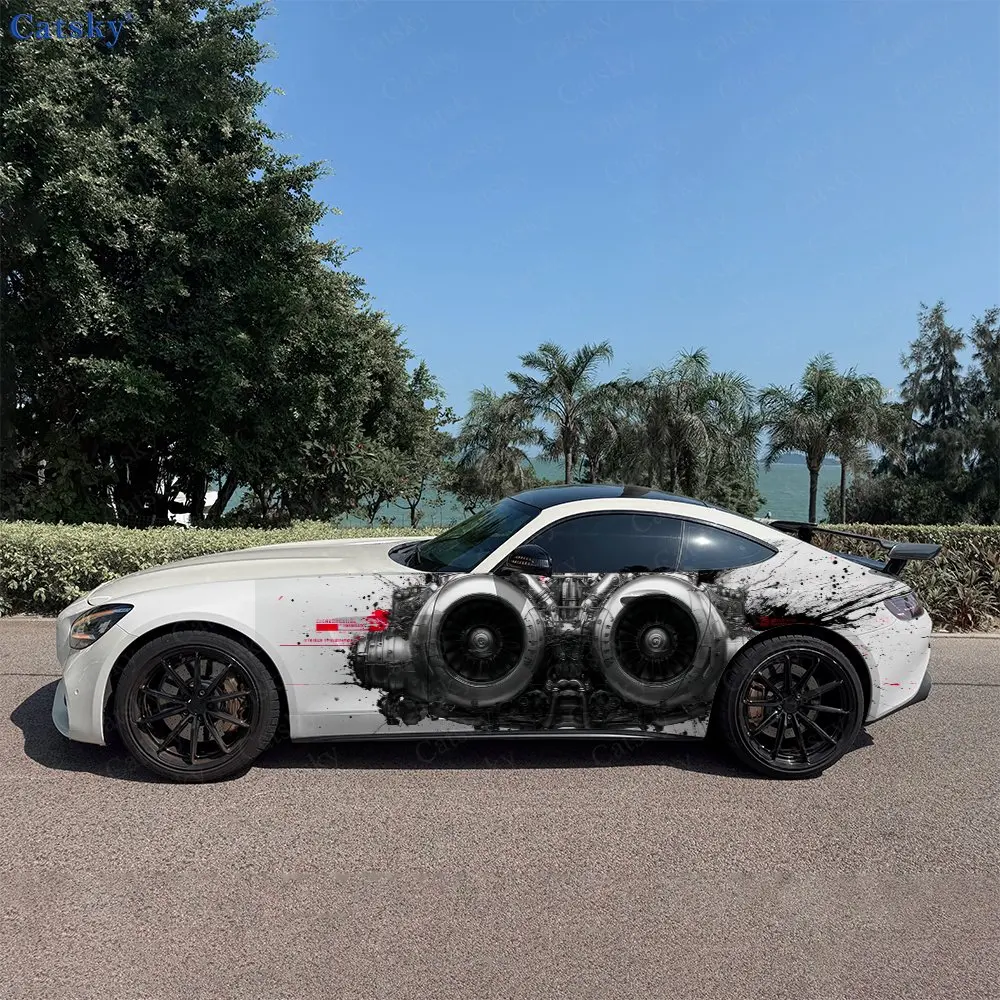 

2pc Turbo Engine Ink Splash Shadow, Durable, Fade-resistant, Enhance Vehicle Aesthetics With Bold Artistic Design Car Vinyl Wrap