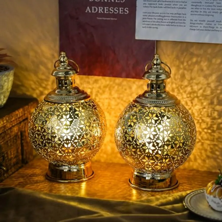 

Ramadan Lanterns Set of 2 10" Gold Electric Candle Holders with Timer Metal Decorative Vintage Lanterns for Indoor/Outdoor Deco