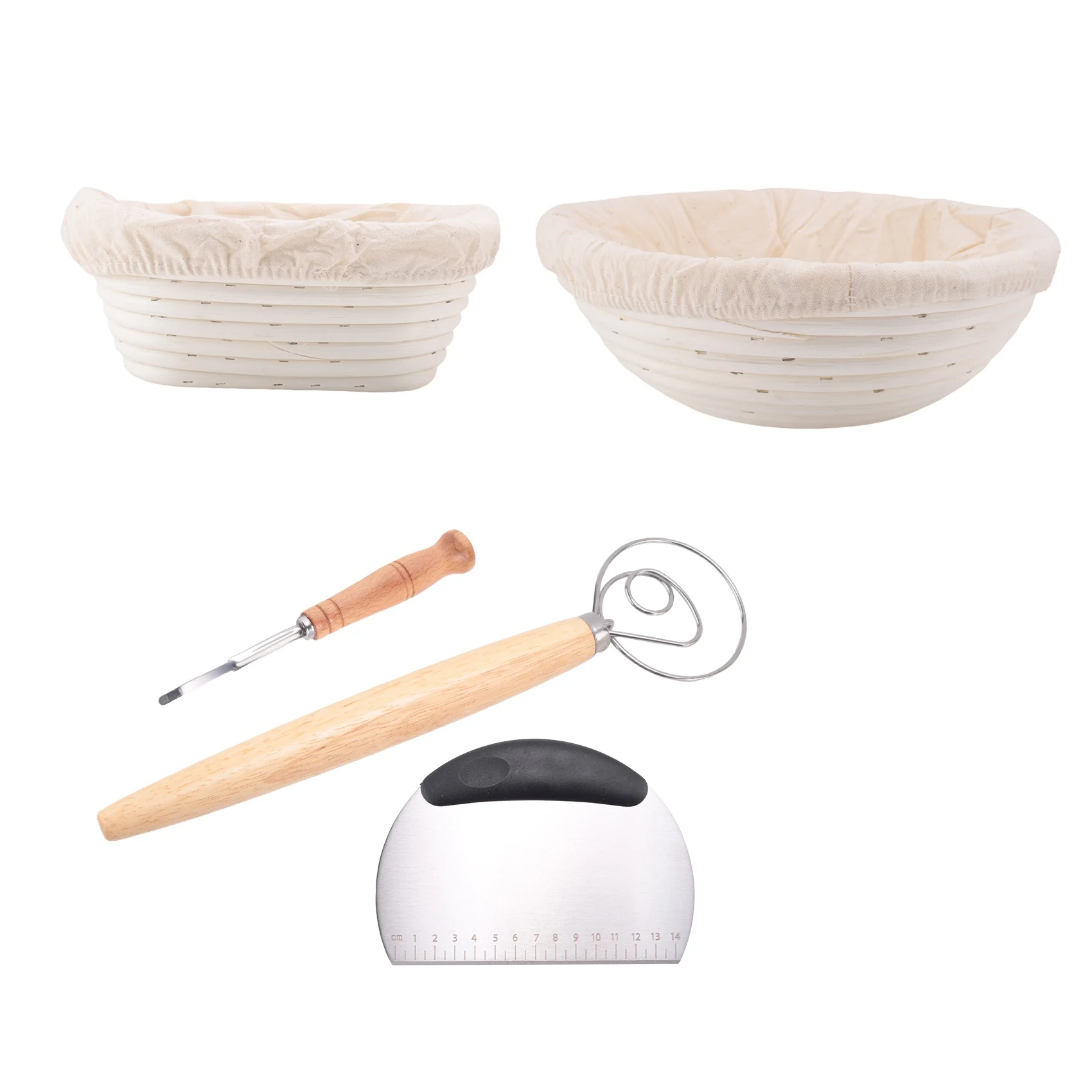 

Bread Proofing Basket SET of 2 with Starter Kit-Round and Ovel Bread Baking Bowl Tools -Bread Lame- Dough Scraper