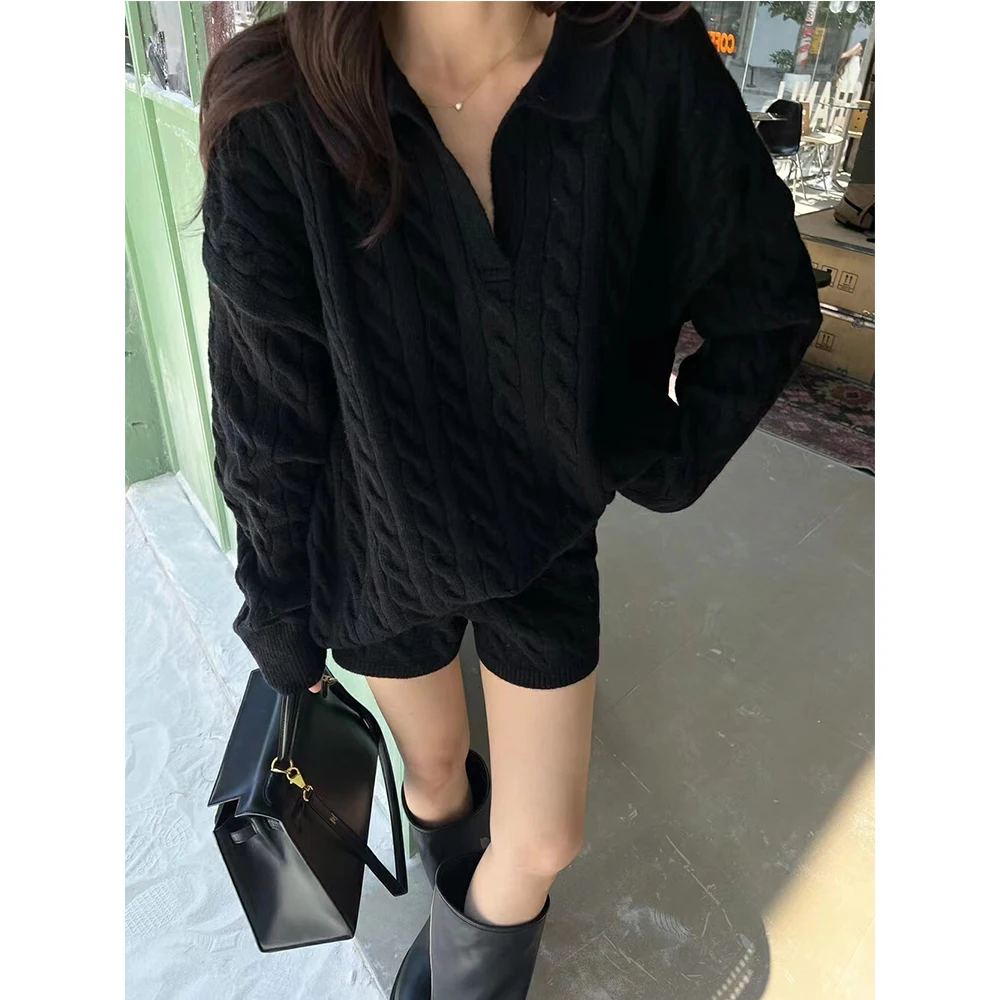 Two Pieces Women Knitting Sets V-Neck Lapel Collar Long Sleeve Loose Pullover Sweaters+High Waist Striped Shorts 2pcs Female Set