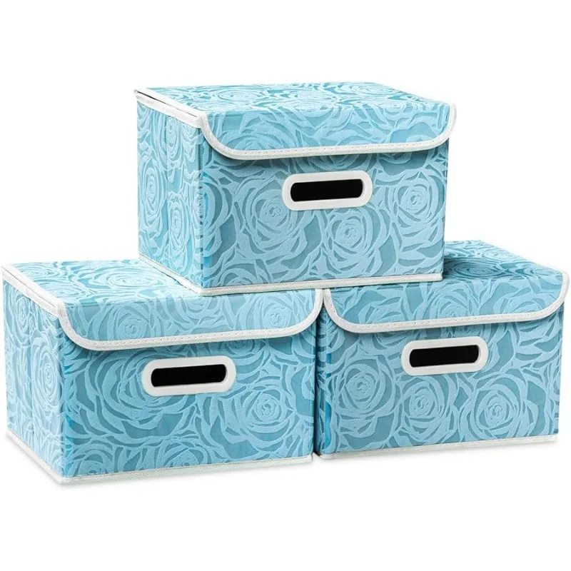 

Collapsible Storage Boxes with Lids Fabric Decorative Storage Bins Cubes Organizer Containers Baskets with Cover Handles Divider