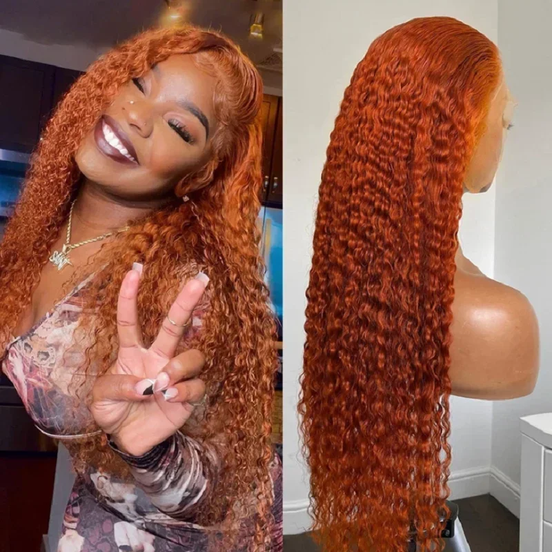 30 Inch Deep Wave Human Hair 250 Density 13x4 Lace Frontal Wigs For Women Orange Ginger Transparent Water Curly Lace Front Wigs