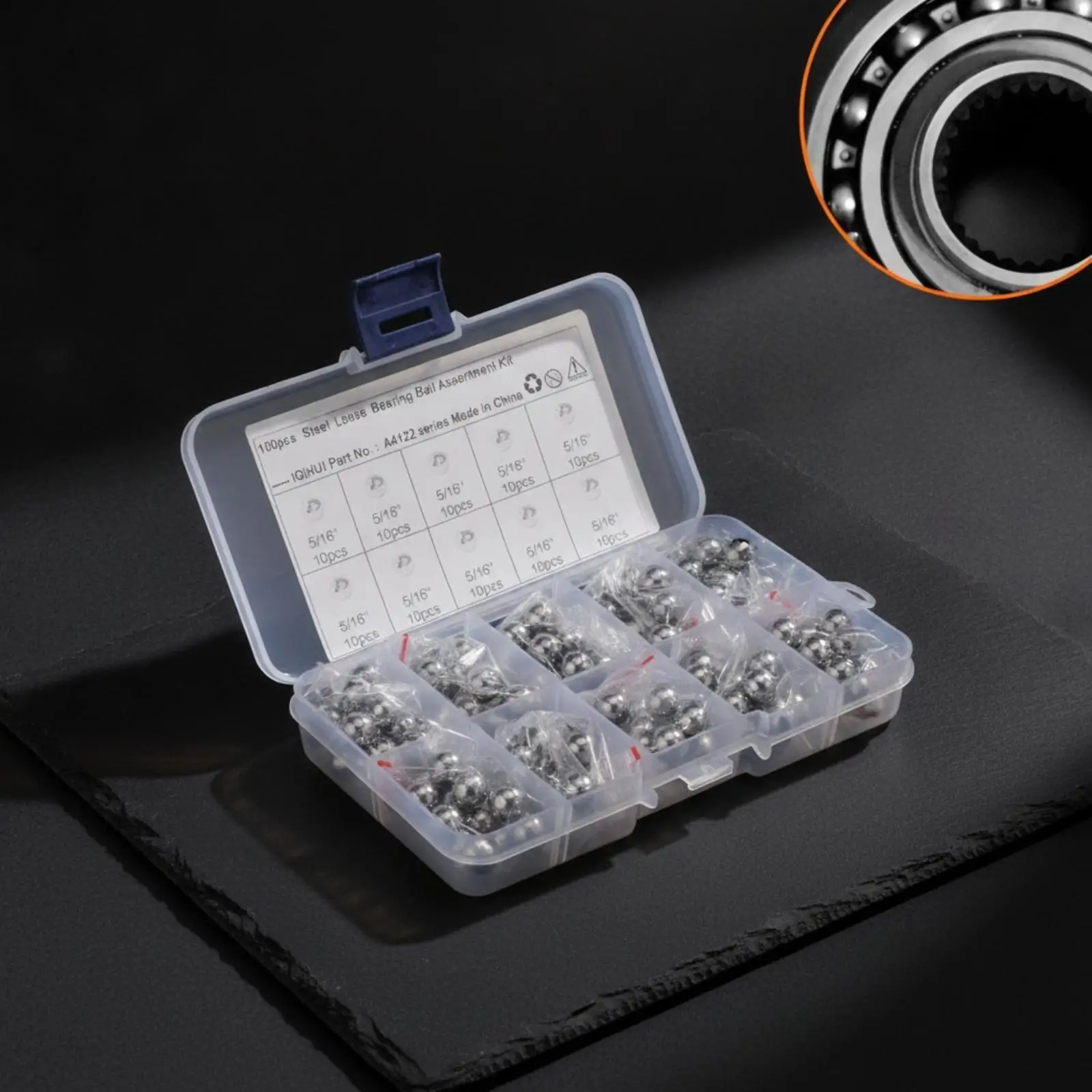 100 Precision Bearing Balls GCR15 Carbon Steel 5/16 Inch for Bike Hub and Motorcycle Headset with Hinged Lid Storage Organizer - view 2