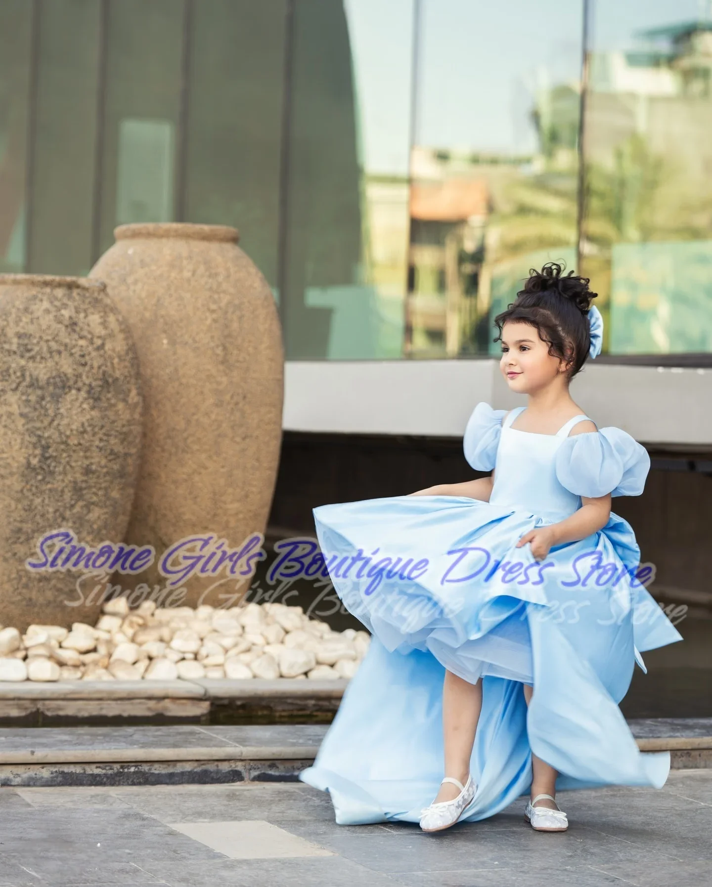 Puff Sleeve Blue Princess Dress Flower Girl Dress for Birthday Party Formal Receptions Wedding Ceremonies Dance Performances