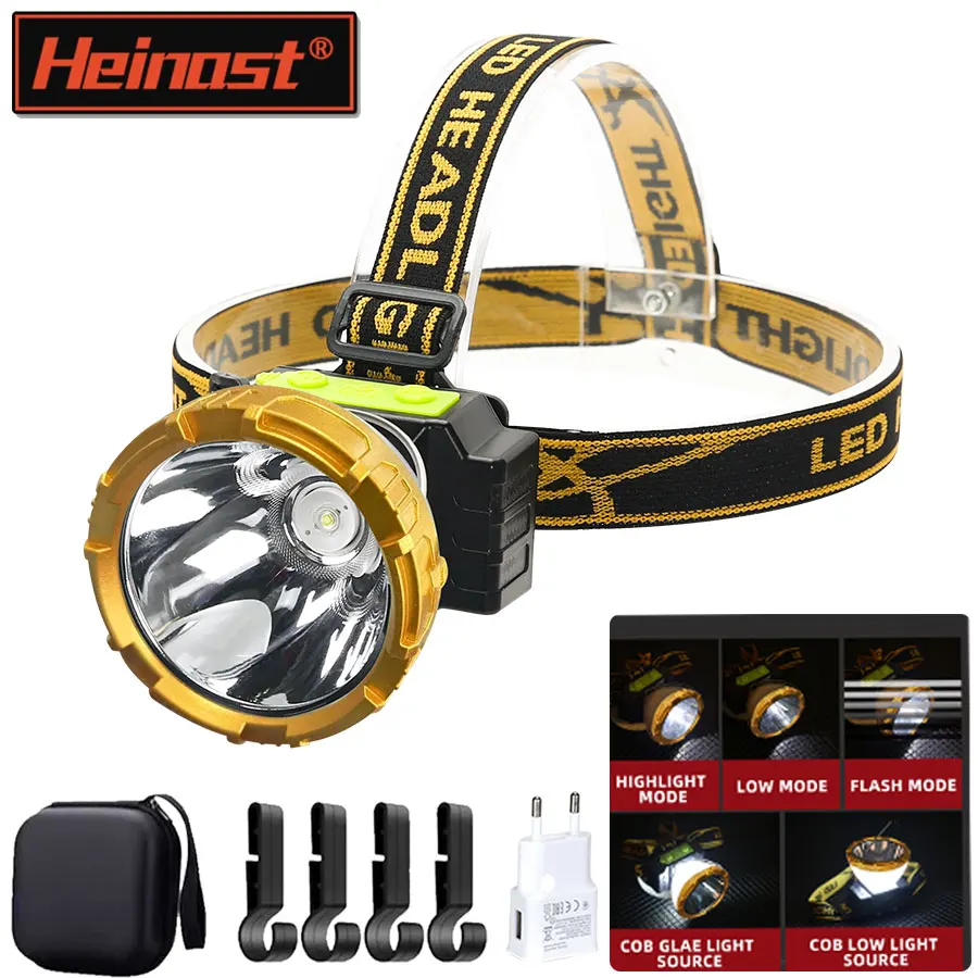 Heinast Portable LED COB Headlamp Powerful Rechargeable Head Flashlight Waterproof Outdoor Fishing Headlight Built in Battery