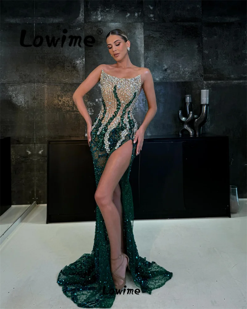 Green Crystal Mermaid Prom Dresses High Split Side Sequined Shiny Sexy Strapless Evening Party Second Reception Engagement Dress