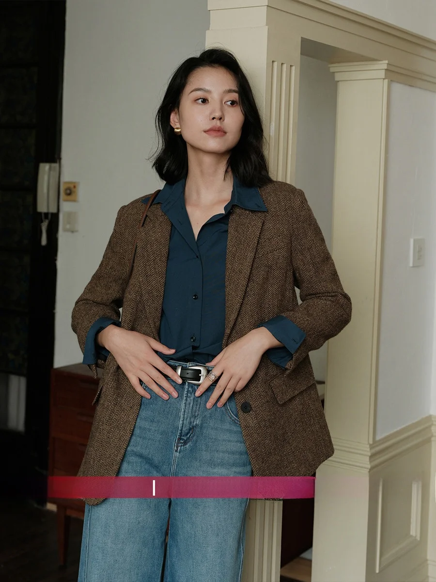 

Zhimai Rihuo женский шерстяной костюм в клетку Jaet коричневого цвета для поездок на работу винтажное длинное светящееся повседневное пальто