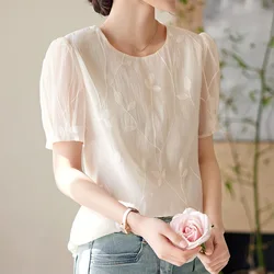 Women Short Sleeve Blouse Chic Summer Clothing 2024 New Korean Style Dongdaemun Female Casual Embroidery Tops Chiffon Blouse