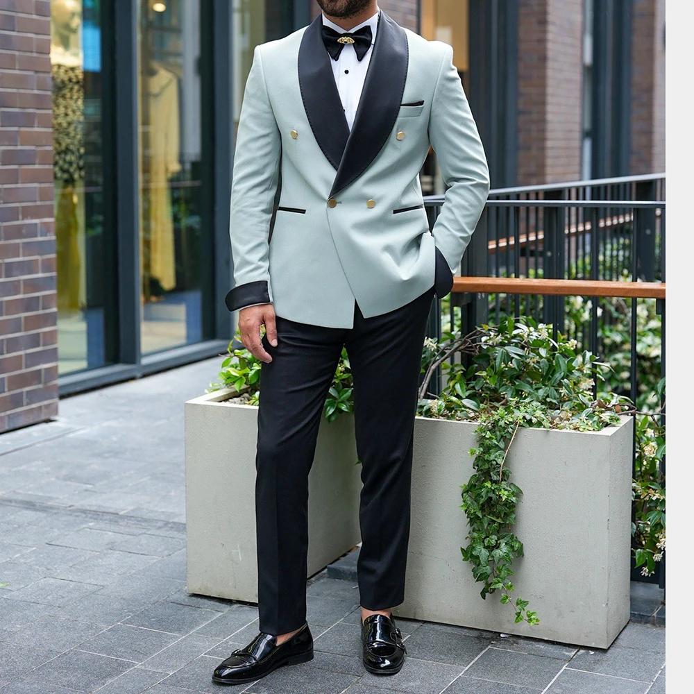 

Double Breasted Men's Suit 2025 Shawl Collar Sea Green Groom Tuxedo Slim Fit 2 Pieces Set Jacket Pants Costume Homme Mariage