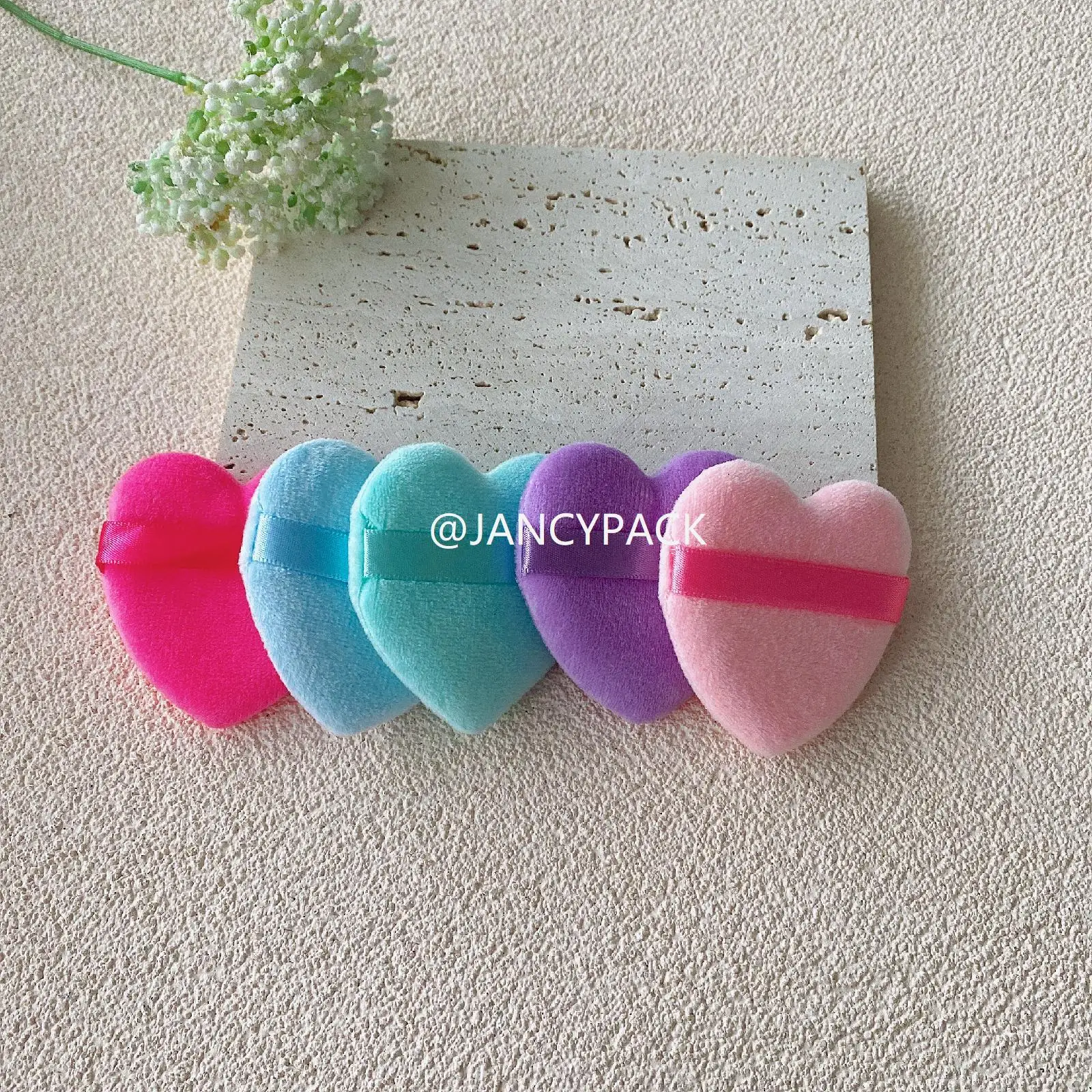 50pc Colorful Makeup Tool Soft Makeup Pure Body Face Pink Black White Velvet Heart Shape Cosmetic Makeup Powder Puff With Handle