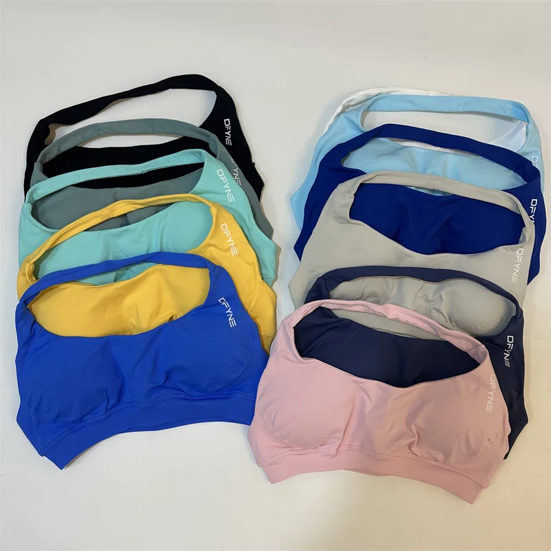 Dfyne-Sutiã Esportivo Sem Costura para Mulheres, Sutiã Halter, Costas Abertas, Top Yoga, Suporte Médio, Top Colheita de Ginásio, Sportswear Acolchoado