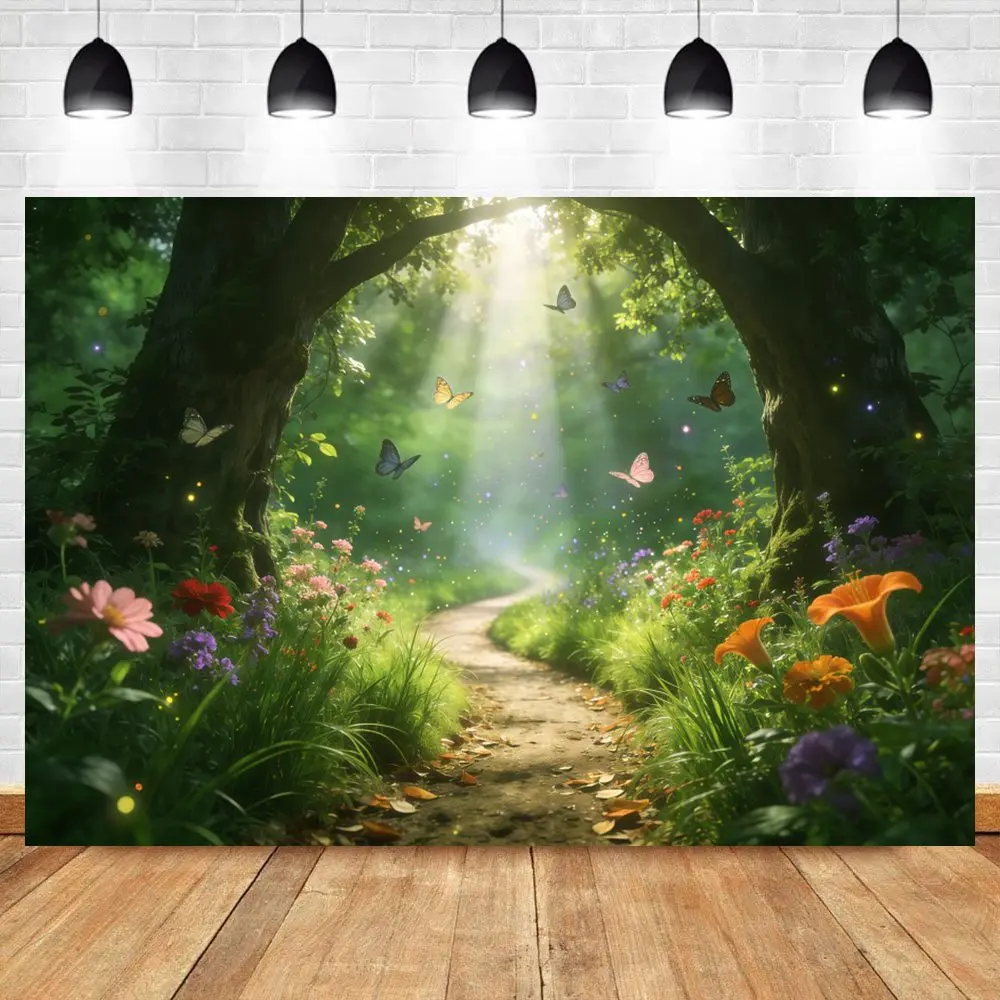 

Enchanted Forest Photography Backdrop Fairy Tale Wonderland Garden Mushroom Butterfly Fairy Tea Party Decorations Background