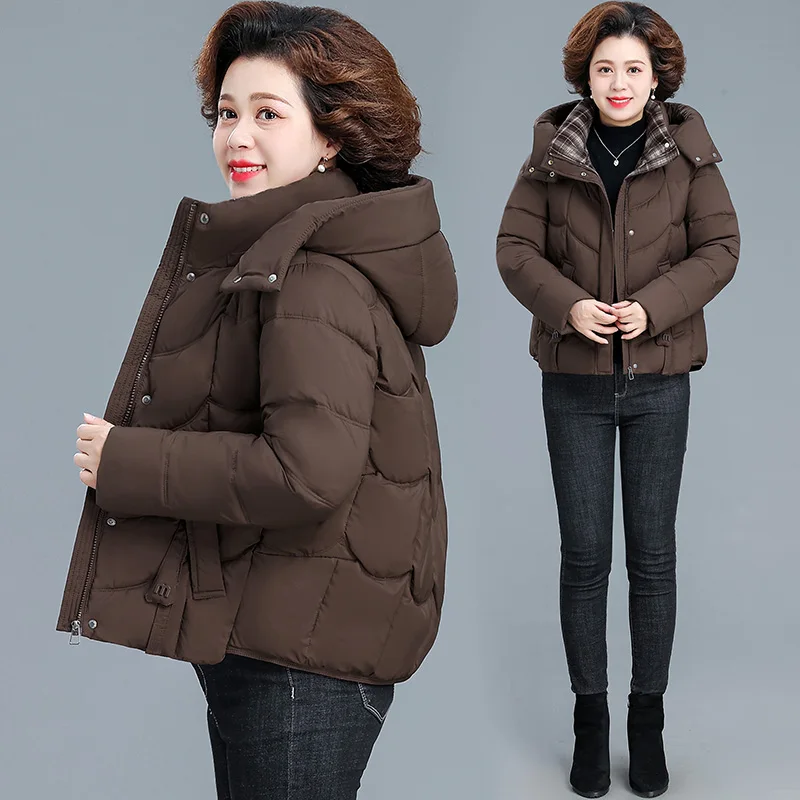 

Warm Cotton Jaet Autumn Winter Women's Faionable Thiened Polyester Fiber 50 plus Age up Hooded Zipper Closure Coat