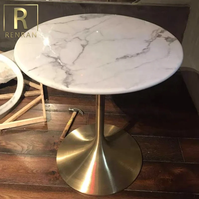 Moderno popular luxo redondo branco mármore superior base de ouro mesa jantar mesas do hotel redonda pedra superior mesas jantar café