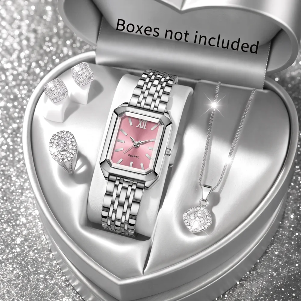 5Pcs/Set Unisex Jewelry Watches Women's Wristwatch Accessories Silver Pink Fashion Business Elegant Trendy Classic Exquisite Light Luxury Simple Luxury Bracelet Watch Set Y2K Suitable for Travel, Vacation, Parties, Daily Outfits, Perfect Holiday Gift