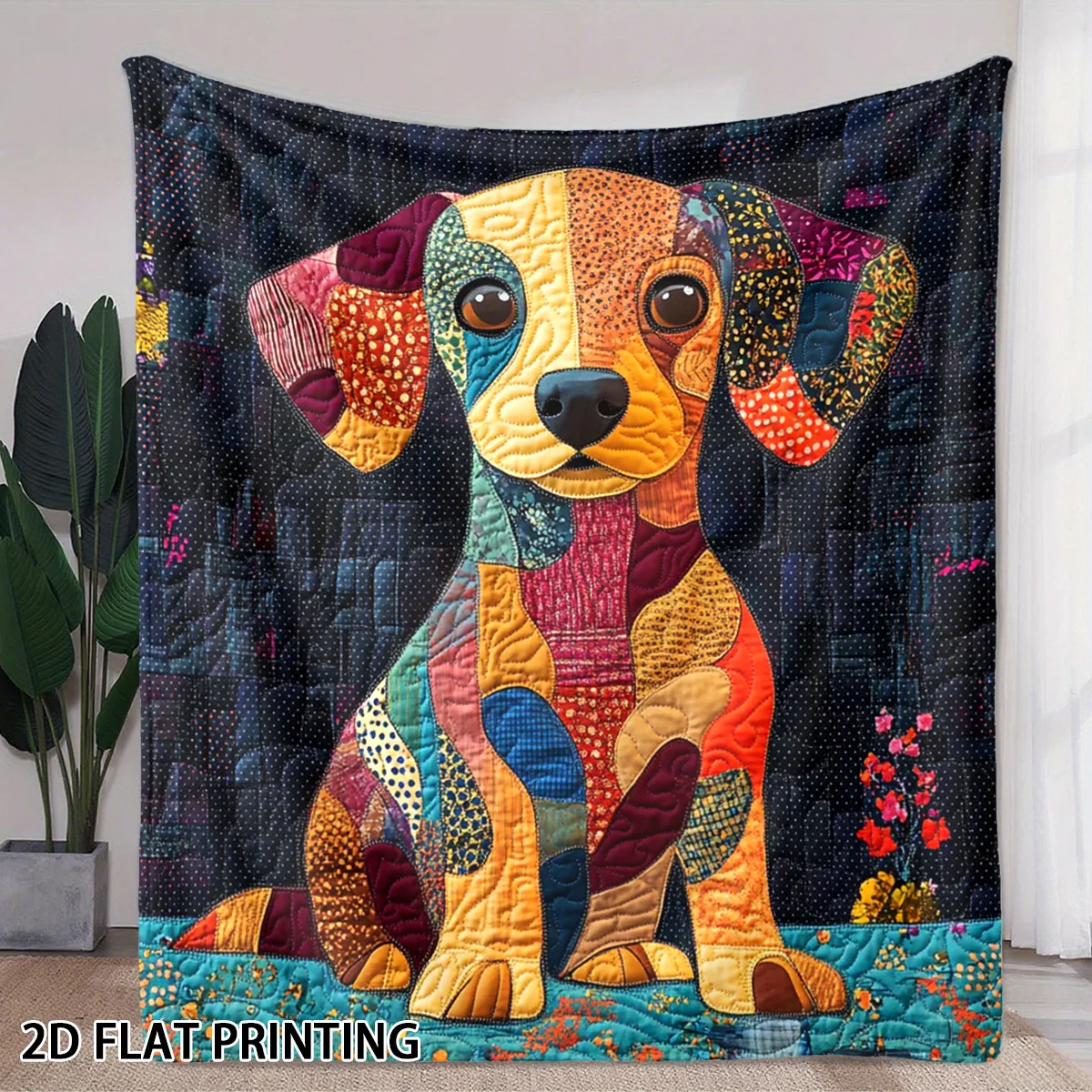 Colorful Dog Patchwork Cozy Throw Blanket, Cute Puppy Art Couch Bed Warm Wrap for Travel, All Season Decor Gift